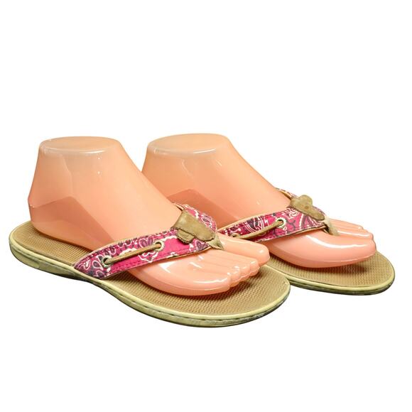 Sperry Top Sider Sandals Brown w. Red Paisley Flip Flops - Picture 1 of 10